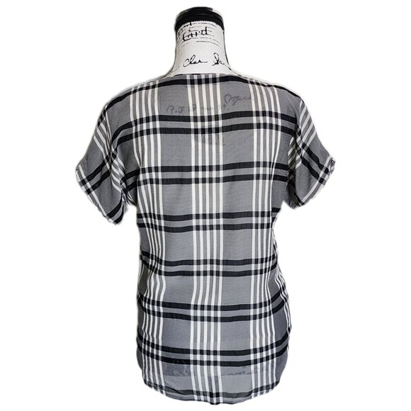 Silk Plaid Windowpane Short Cap Sleeves Round Neck Blouse by Mary Ann Restivo - Picture 7 of 10